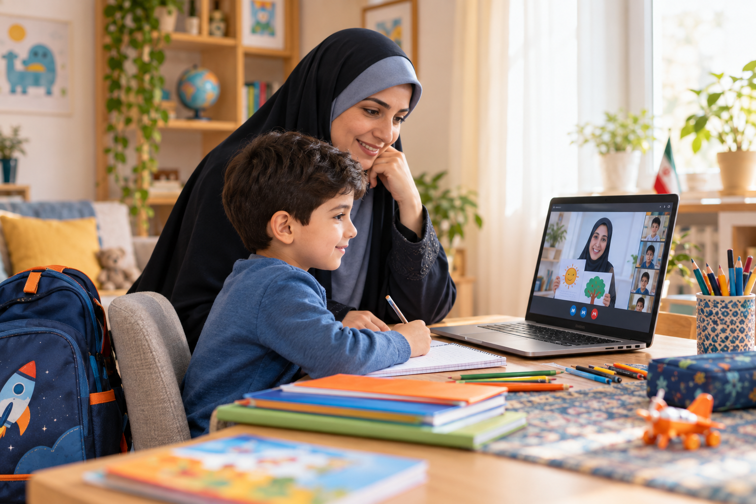 کودک کلاس اول در حال یادگیری آنلاین کنار مادر محجبه